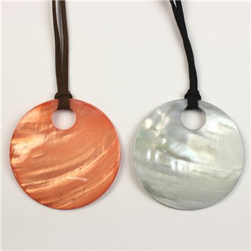 Pendant Mother of Pearl with cord. 26. Round top hole Model. Assorted