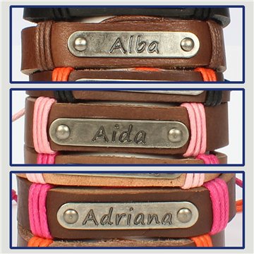 Gancho 01 – Pulsera piel con nombre. Letra A: Alba, Aída y Adriana. 