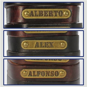 Gancho 04 – Pulsera piel con nombre. Letra A: Alberto, Álex y Alfonso
