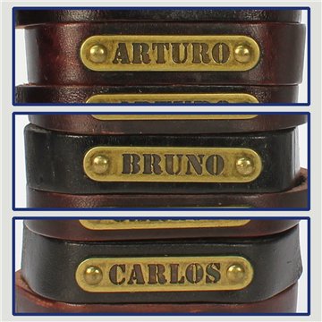 Gancho 10 – Pulsera piel con nombre. Letras A,B,C: Arturo, Bruno y Carlos