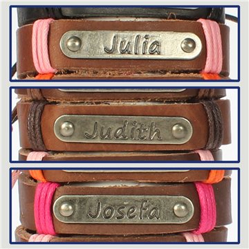 Gancho 31 – Pulsera piel con nombre. Letra J: Julia, Judith y Josefa