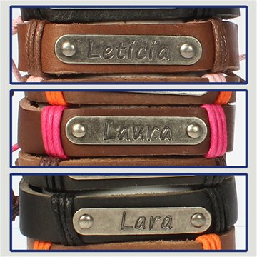 Gancho 33 – Pulsera piel con nombre. Letra L: Leticia, Laura y Lara