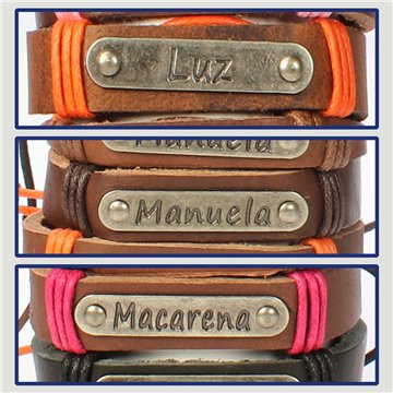 Gancho 39 – Pulsera piel con nombre. Letras L,M: Luz, Manuela y Macarena