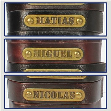 Gancho 42 – Pulsera piel con nombre. Letras M,N: Matías, Miguel y Nicolás