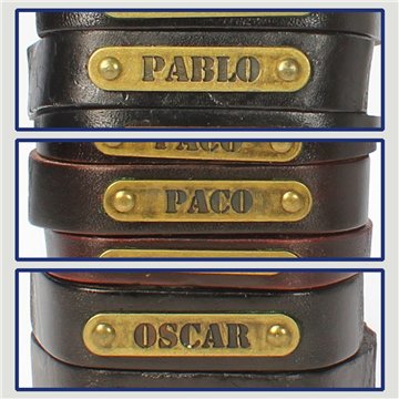 Gancho 44 – Pulsera piel con nombre. Letras O,P: Pablo, Paco y Óscar