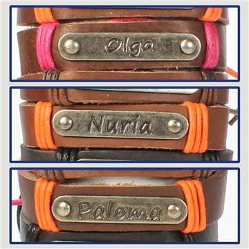 Gancho 49 – Pulsera piel con nombre. Letras N,O,P: Olga, Núria y Paloma
