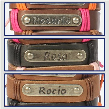 Gancho 57 – Pulsera piel con nombre. Letra R: Rosario, Rosa y Rocío