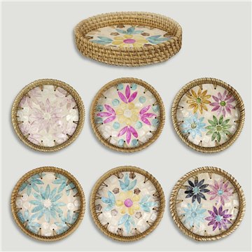 Bandeja Bambú + ratán con nácar. Modelo surtidos. 15x3cm