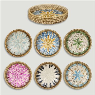 Bandeja Bambú + ratán con nácar. Modelo surtidos. 15x3cm