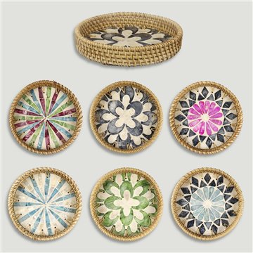 Bandeja Bambú + ratán con nácar. Modelo surtidos. 15x3cm