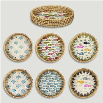 Bandeja Bambú + ratán con nácar. Modelo surtidos. 15x3cm