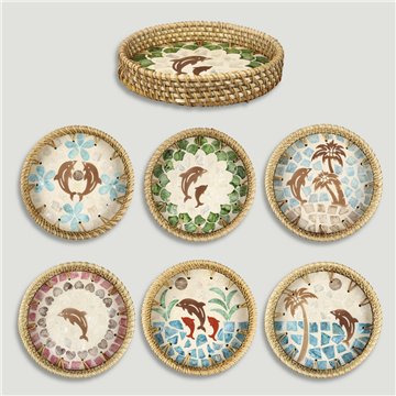 Bandeja Bambú + ratán con nácar. Modelo surtidos. 15x3cm