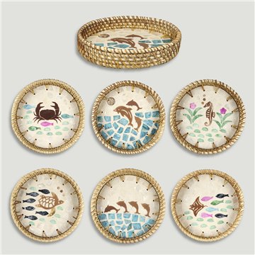 Bandeja Bambú + ratán con nácar. Modelo surtidos. 15x3cm