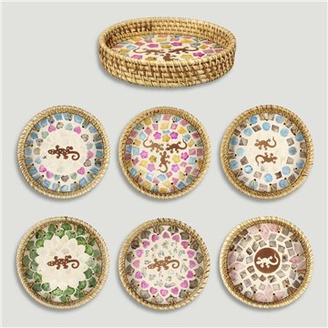 Bandeja Bambú + ratán con nácar. Modelo surtidos. 15x3cm