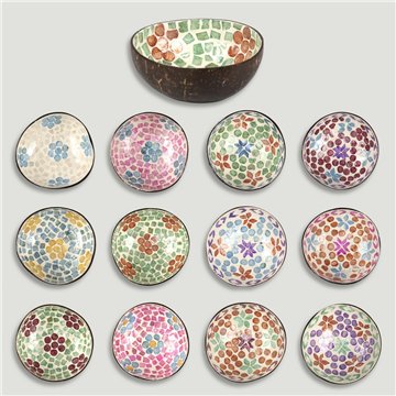 Coconut bowl + mother of pearl. Flowers model 02. 13x5cm