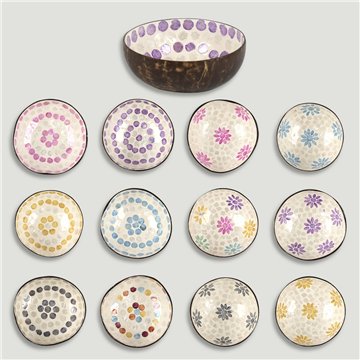 Coconut bowl + mother of pearl. Flowers/dots model. 13x5cm
