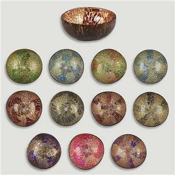 Coconut bowl + mother of pearl. Crackled flowers model. 13x5cm