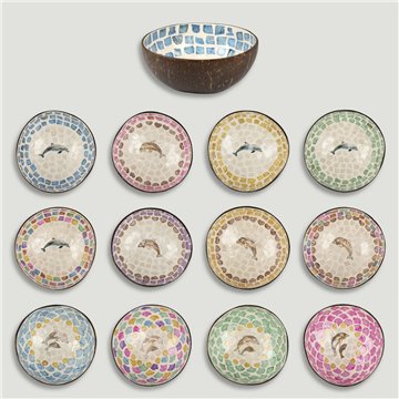 Coconut bowl + mother of pearl. Dolphin model. 13x5cm