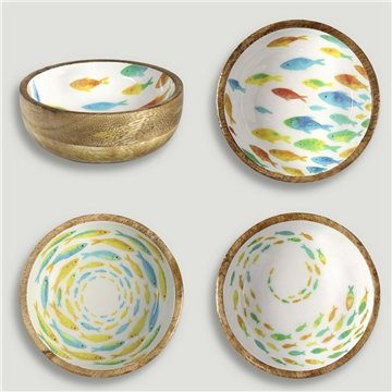 Tigela de madeira de manga com esmalte. Modelo peixes. 13x5 cm