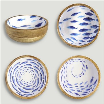 Tigela de madeira de manga com esmalte. Modelo peixes. 13x5 cm