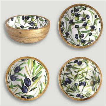 Tigela de madeira de manga com esmalte. Modelo azeitonas. 13x5 cm