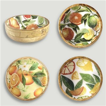 Tigela de madeira de manga com esmalte. Modelo limão + laranja. 13x5 cm
