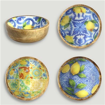 Tigela de madeira de manga com esmalte. Modelo limão + mosaico. 13x5 cm