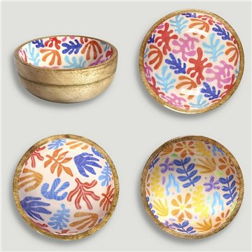 Tigela de madeira de manga com esmalte. Modelo corais. 13x5 cm