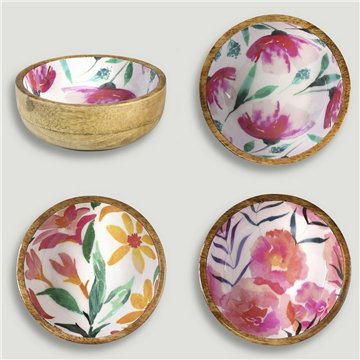 Tigela de madeira de manga com esmalte. Modelo flores. 13x5 cm