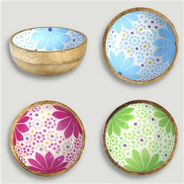 Bol madera mango con esmalte. Modelo hojas flores. 13x5cm