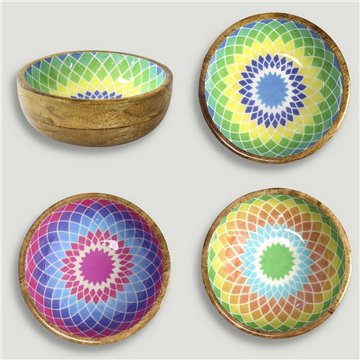Tigela de madeira de manga com esmalte. Modelo mandalas. 13x5 cm