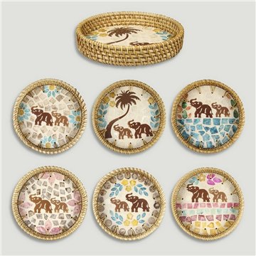 Bandeja de bambu + rattan com madrepérola. Modelo elefante. 15x3 cm