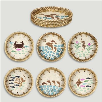 Bandeja Bambú + ratán con nácar. Modelo animals marinos. 15x3cm