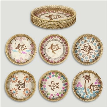 Bandeja de bambu + rattan com madrepérola. Modelo tartarugas. 15x3 cm