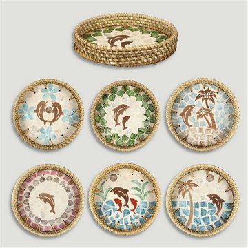 Bandeja Bambú + ratán con nácar. Modelo delfines. 15x3cm