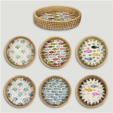 Bandeja Bambú + ratán con nácar. Modelo 19 + peces. 15x3cm