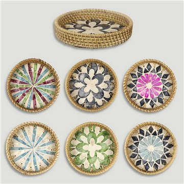 Bandeja de bambu + rattan com madrepérola. Modelo 16, 17, 18. 15x3 cm