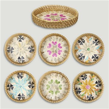 Bandeja de bambu + rattan com madrepérola. Modelo 07, 08, 09. 15x3 cm
