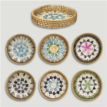 Bandeja de bambu + rattan com madrepérola. Modelo 01, 02, 03. 15x3 cm
