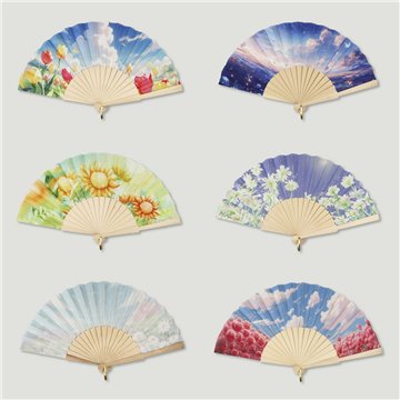 Abanico madera. 16. Modelo Paisaje flores. Surtidos