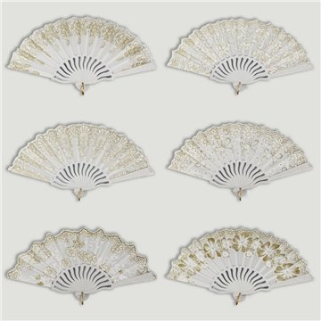 Abanico plástico. 52. Modelo Relieve dorado flores. Surtidos