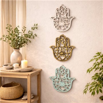 Main de Fatima pour mur en bois 17x20cm coloris assortis