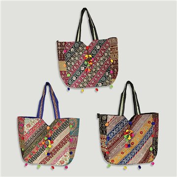 Sac indien en tissu avec pum pum 34x35cm modèles assortis
