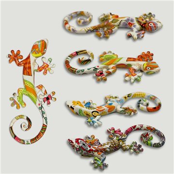 Gecko en résine peinte. Modèles assortis. 13x5,5x2cm.