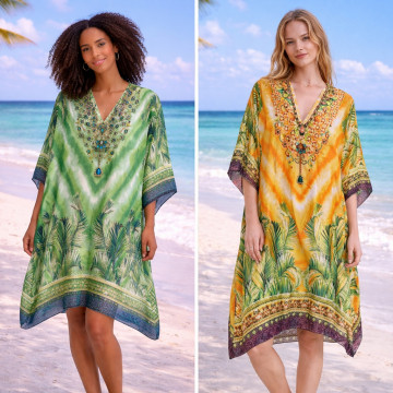 100% Polyester poncho, silky finish. V-shaped neck. One size fits all - 2 colors