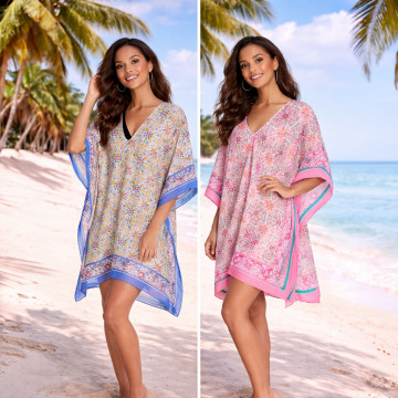 Poncho 100% Polyester, finition soyeuse. Col en V. Taille unique - 2 couleurs