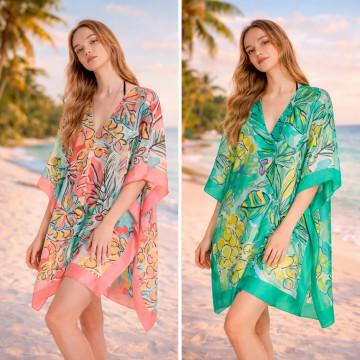 100% Polyester poncho, silky finish. V-shaped neck. One size fits all - 2 colors