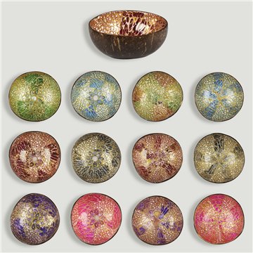 Coconut bowl + mother of pearl. Crackled flowers model. 13x5cm