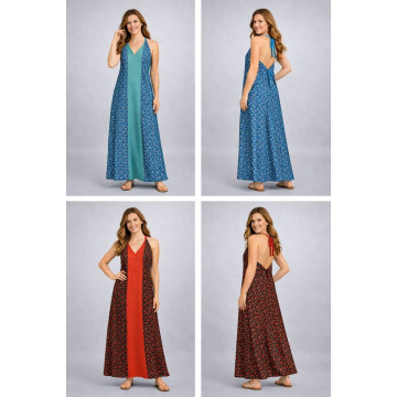 Vestido comprido em poliéster. Estilo Duna. Tamanhos S/M e M/L