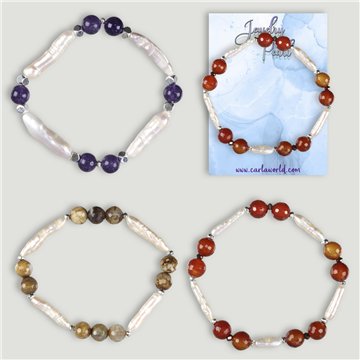 Pulsera. Perla alargada y minerales. Surtidas
